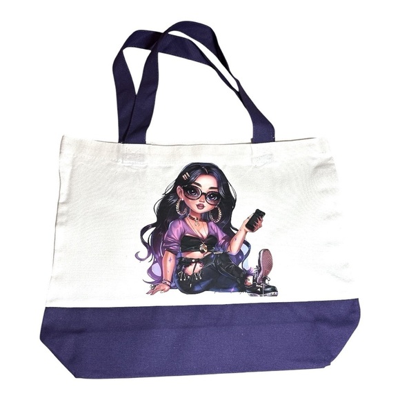 Hand pressed Handbags - Large Canvas Tote Bag with Stylish Girl Art | Hand Pressed | 17”x14”